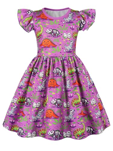 WonderBabe Toddler Little Girl Halloween Dress Cartoon Print Flutter Sleeve Casual Playwear Jumper Skirt Sundress Size 3-4t Light Purple
