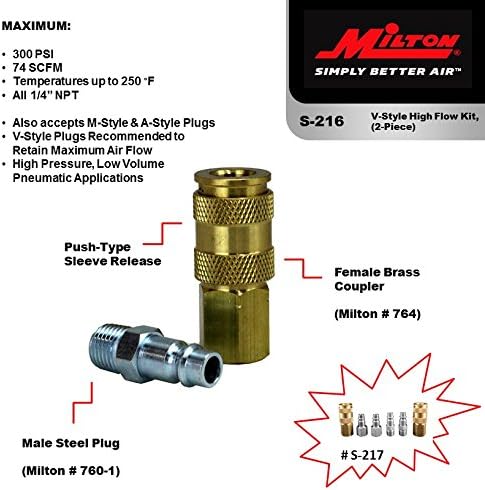 Milton Industries S-216 1/4" NPT V Style Coupler and Plug Kit, Silver