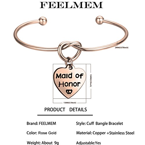 Feelmem Bridesmaid Jewelry Bridesmaid Gifts- Simple Love Knot With Heart-Shaped Engraved Message Charm Bangle Bracelet- Personalized Wedding Wishes Gift For Women Girl(Maid Knot-Rg) #TOP1