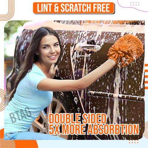 Image of Btag Double Sided Microfibre Wash Mitt Cleaning Gloves (2 Pcs, 2400 GSM, Size 26 X 19 Cm, Extra Large, Super Absorbent, Big Chenille Mitt Glove) (Orange)