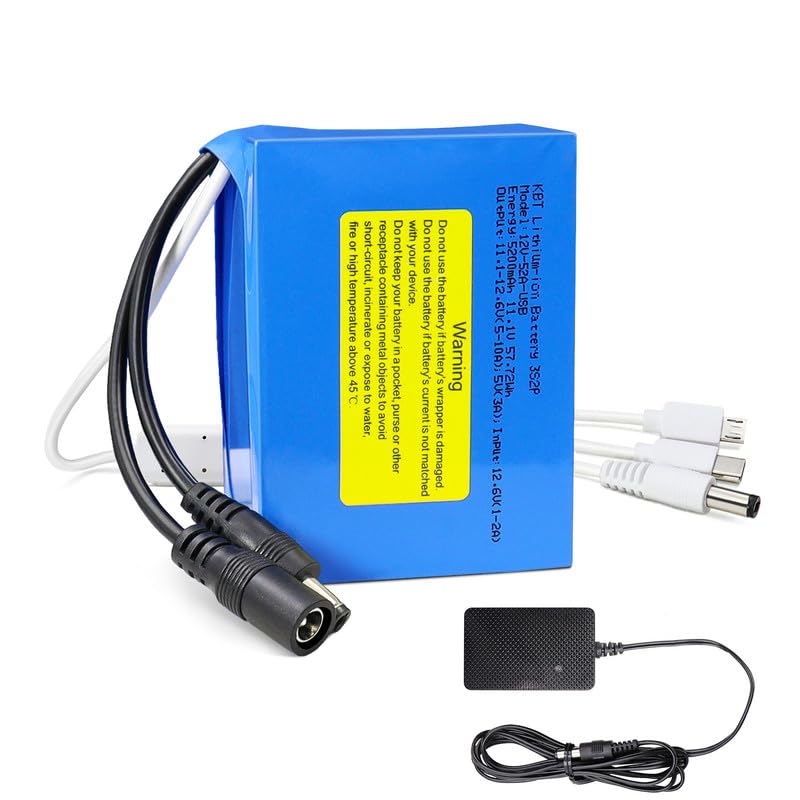 KBT 12V 5200mAh Rechargeable Lithium Battery Pack with Charger and DC5521 Connector & 5V 3-in-1 Output Port for 12V Devices, Mobile Phone, RC Car, Boat, Fan, Radio, CCTV Camera