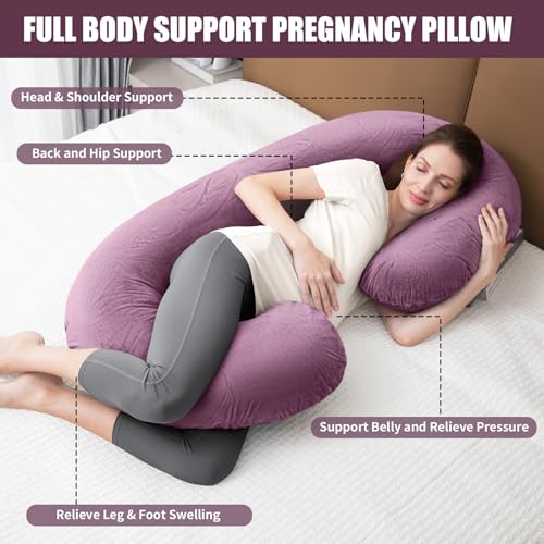 Image of 1 MIDDLE ONE Pregnancy Pillow, C Shaped Full Body Pregnant Women Sleeping Pillow for Maternity Support with Cover (Purple)