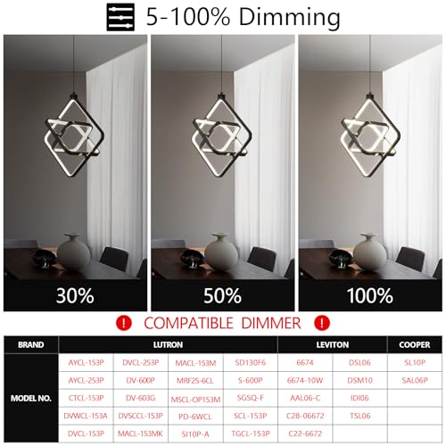 Image of Modern LED Pendant Lights Plated Black Rectangular Pendant Light Fixtures 4000K 35W Dimmable Pendant Lighting for Dining Room Kitchen Island Bedroom Living Room Foyer(3-Ring)