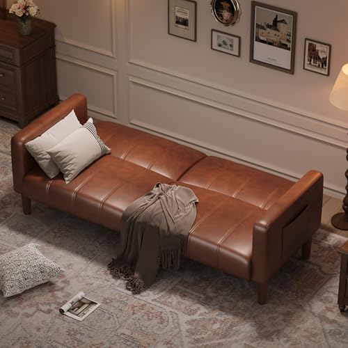 Image of GarveeHome Futon Sofa Bed, 75-Inch Modern Faux Leather Convertible Couch, Mid-Century Loveseat for Small Space, Living Room, Bedroom, Brown