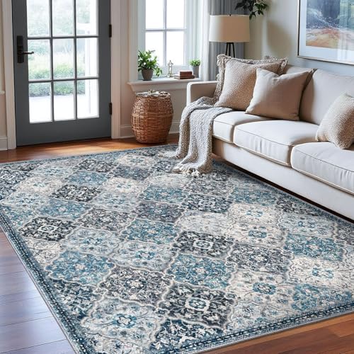 KILOCOCO 6x9 Area Rug, Moroccan Super Soft Vintage Washable Living Room Rug, Large Non-Slip Print Faux Wool Throw Rug for Entryway Bedroom Office Carpet, Blue/Multi