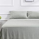 100% Cotton Queen Sheet Set - 4 Piece Cotton Sheets Queen Size Bed Set, Soft, Smooth, Durable, Easy Care, 16' Deep Pocket Checkered Green Sheets - 1 Flat, 1 Fitted, 2 Pillowcases