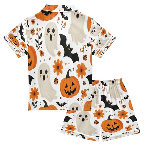 Satin Pajama Sets Short Sleeve Halloween Themed Pattern Prints Button Down Silky Nightwear 2 Piece PJS 5-14Y2