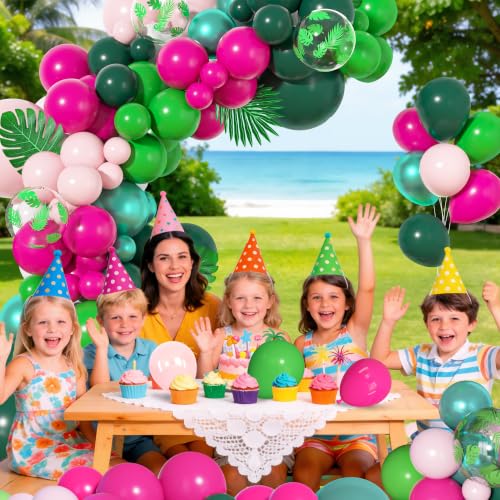 Image of Ouddy Life 157pcs Tropical Balloons Arch Garland Kit, Hawaiian Summer Luau Party Decorations, Hot Pink Dark Green Orange Palm Leaves Balloons for Aloha Flamingo Beach Pool Baby Shower Birthday Decor