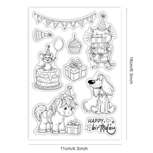 GLOBLELAND Transparente Stempel Mit Geburtstagstieren Für Die Kartengestaltung Geburtstagstorte Katze Hund Ratte Pferd Silikon Transparentstempel Party Stempel Siegel Für DIY Scrapbooking Prägung