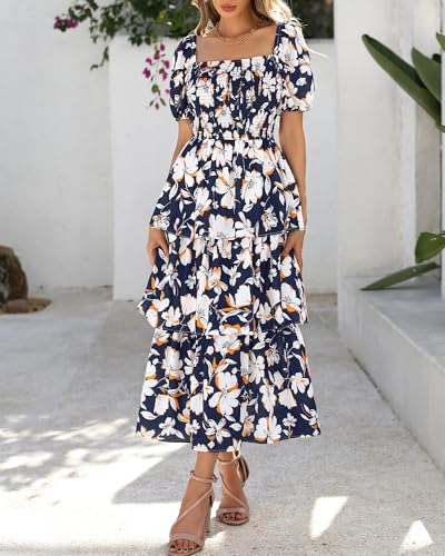 Image of BTFBM Womens Floral Smocked Summer Maxi Dresses | Square Neck Puff Short Sleeve Ruffle Tiered, 2026 Trendy Casual Sundress, Cruise Holiday Beach Vacation Wedding Guest Dress