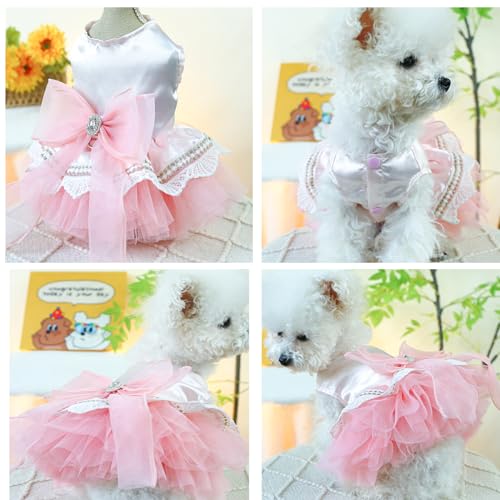 Image of HDKUW Small Dog Dress, Girl Puppy Lace Princess Skirt Tutu Dress with Bowknot,Chihuahua Yorkie Clothes Outfit for Birthday Wedding Party Pink M