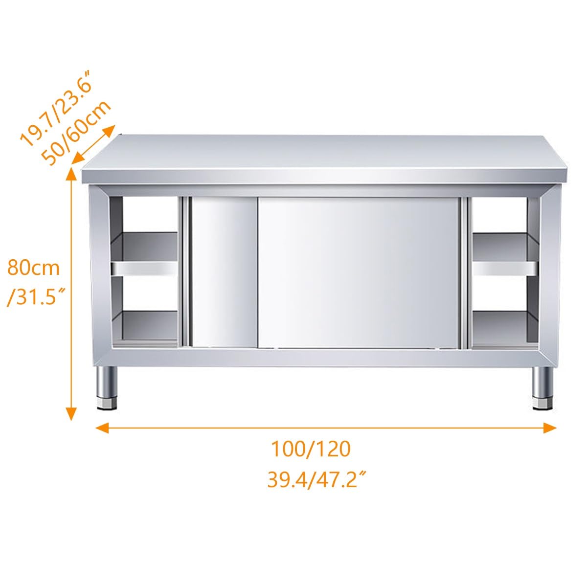 Mesa de trabajo de doble puerta corrediza, mesa de preparación comercial de acero inoxidable con almacenamiento, multifuncional para restaurantes, cocinas y carnicerías
