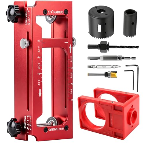 Door Hinge Jig & Door Lock Installation Kit Aluminum Alloy Mortise Template for 2.5-5 Hinges Fits 1/4 & 5/8 Radius and Square Hinges Adjustable for 1-3/8 to 1-3/4 Doors (Red)