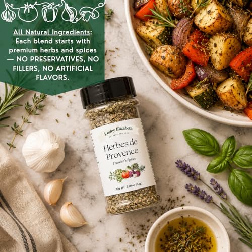 Image of Lesley Elizabeth Herbes de Provence Traveler's Spices - Authentic French Herb Blend for Chicken, Fish, Pork & Vegetables | All-Purpose Gourmet Cooking & Grilling Seasoning