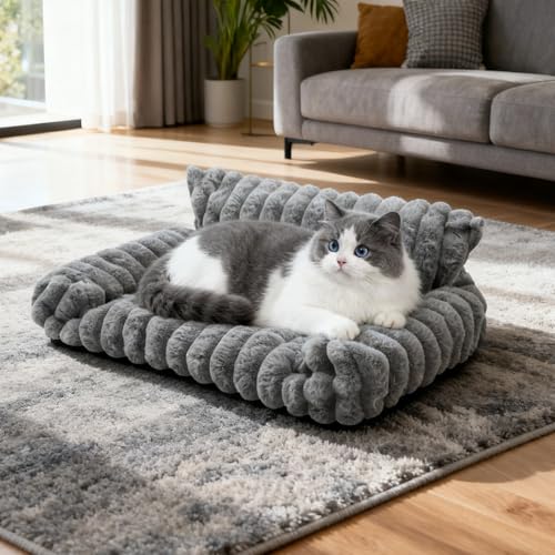 Strixorn Cuccia per cani e gatti, lavabile, morbido divano letto per cani e gatti, soffice letto per animali domestici con parete posteriore (60 x 45 x 20 cm), colore: grigio con rivestimento