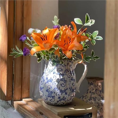 Vase en céramique bleue et blanche rustique | Pichet vintage - 4