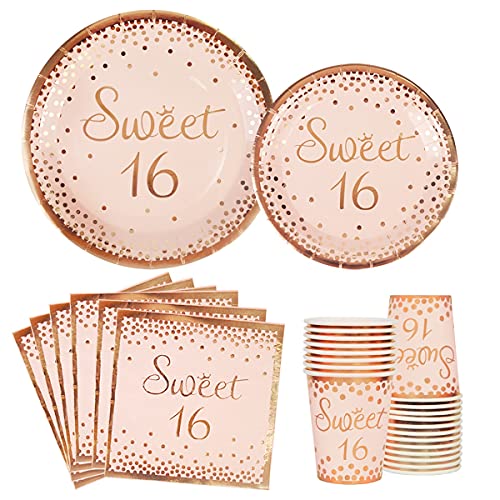 Sweet 16 Birthday Party Supplies Tableware Set Serves 24 Includes 9 Paper Plates 7 Plate 9 Oz Cups Lunch Napkins for Teens Girls Sweet Sixteen Pink and Rose Gold Dot Themed Disposable Dinnerware