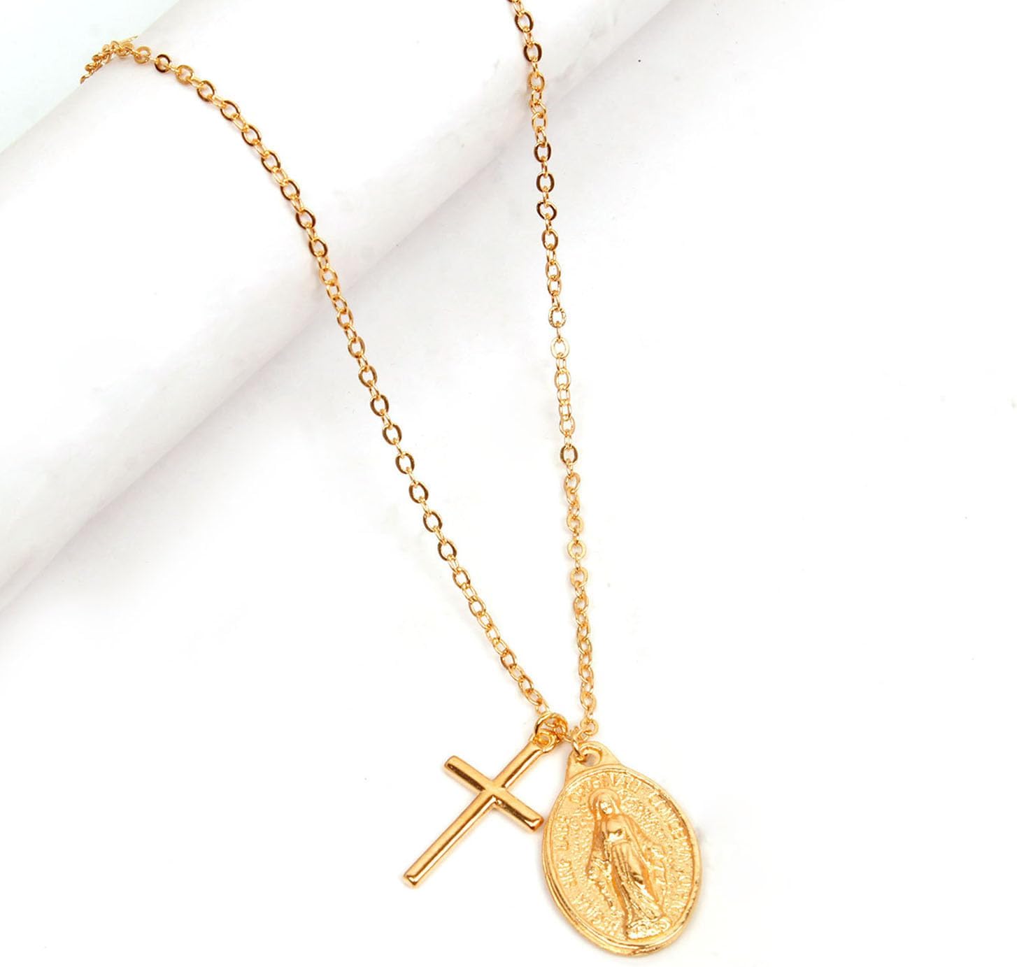 Gold Cross Virgin Mary Medal Pendant Necklace, Dainty Religious Jewelry for Women, Catholic Christian Faith Statement Necklace Gift - Image 5