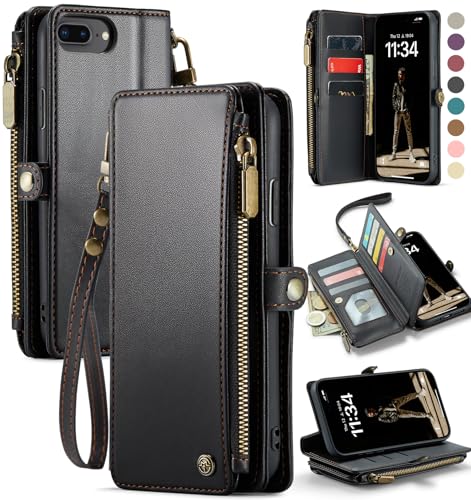 Defencase Compatible with iPhone 8 Plus/ 7 Plus Case Wallet with RFID Blocking Card Holder for Women Men PU Leather Magnetic Snap Flip Zipper Strap Wallet Phone Cases Cover, Black