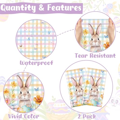 Image of QZYL 2 Pack Easter Tablecloth Disposable, 54 inch x 108 inch Easter Decorations for Table, Plastic Table Cloths with Colorful Eggs Bunny Flower, Rectangular Spring Tablecloths for Party Decorations Supplies