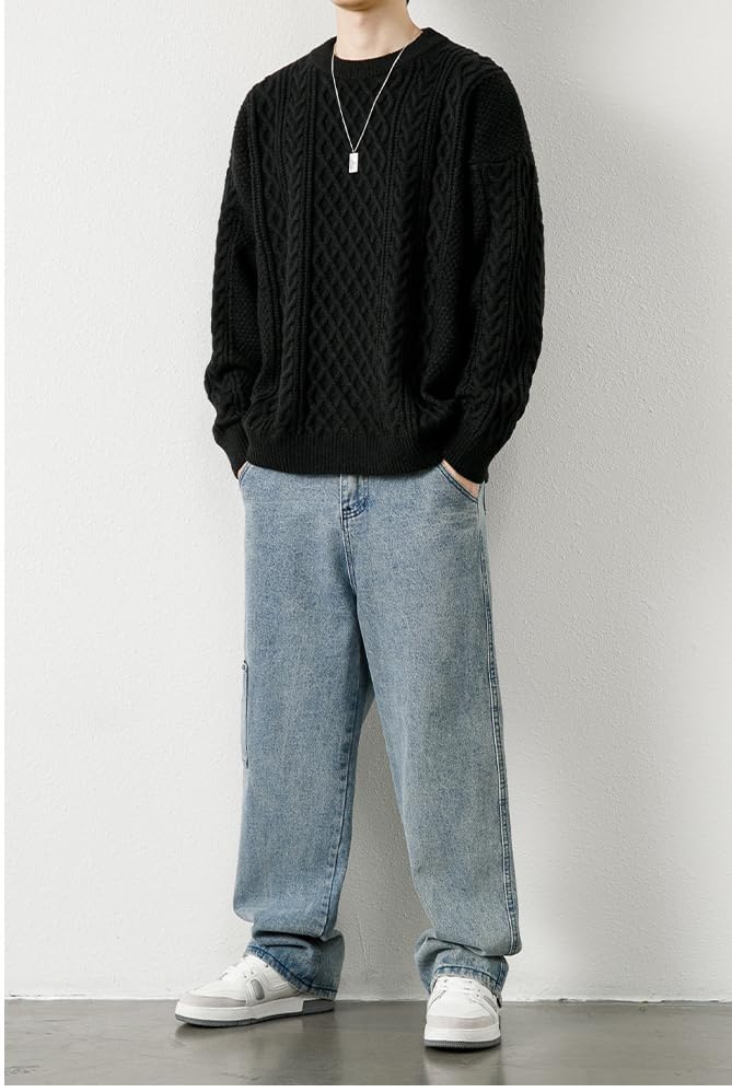 POHADON Men's Crewneck Pullover Tops Vintage Chunky Long Sleeve Fisherman Twist Patterned Cable Sweater Fall Winter Clothes3