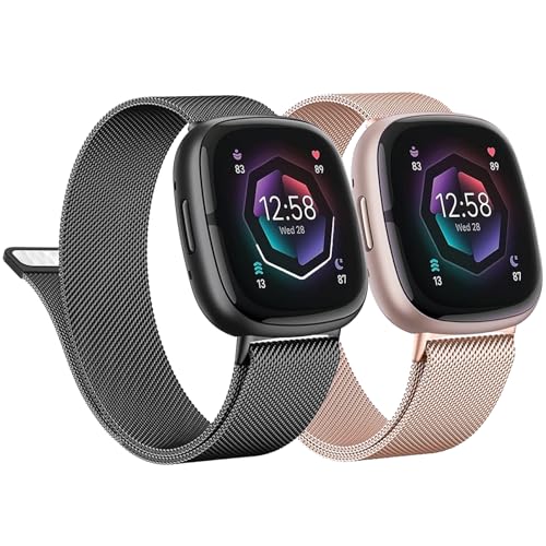 2 Pack Bracelets en Métal pour Fitbit Versa 4/Versa 3/Sense 2 Bracelet，Bracelet en Acier Inoxydable Bande de Remplacement en Métal Magnétique pour Fitbit Versa 3/Sense 2/Versa 4 Bracelet Milanais，S