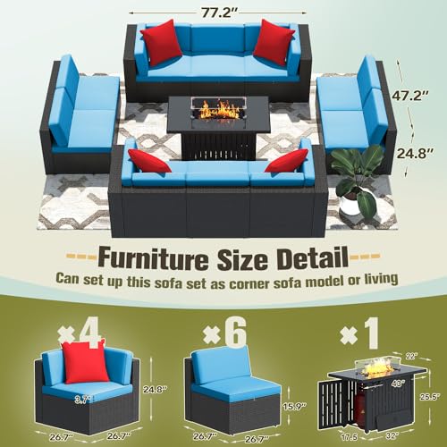 Image of Greesum Patio Furniture Sets 11-Pieces Outdoor PE Rattan Sectional Sofa w /43in Gas Fire Pit Table 55000 BTU Add Warmth to Gatherings Parties On Deck Garden Backyard,Blue
