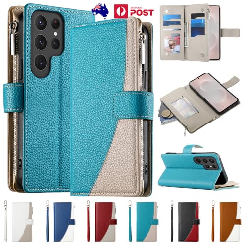 Étui portefeuille Galaxy S21 Plus bleu foncé en cuir grainé avec fermeture éclair