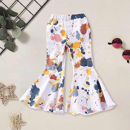 Cute Kids Girls Pull On Flared Pants Elastic Waist Ripped Denim Pants Colorful Doodle Stretch Bell Bottom Pants2