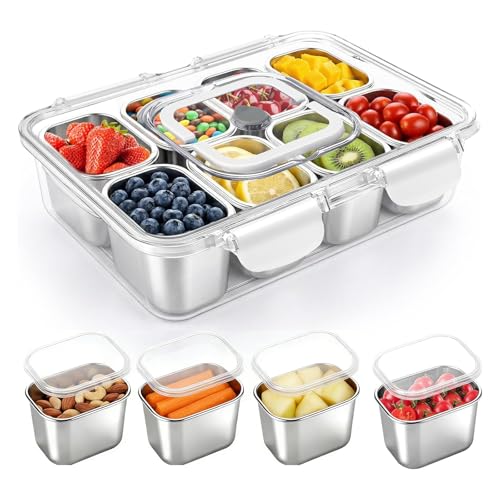 BTCLASSIC Snackbox Edelstahl mit 8 Fächern Großer Snackteller mit Tragegriff und Einzeldeckeln Tragbarer Organizer für Picknick Party Obst Nüsse und Süßigkeiten