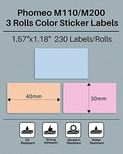Image of Phomemo M110 /M110S /M120 /M200 /M220 Sticker Labels- 1.57 inchx1.18 inch(40x30mm) Black on Pink, Khaki and Blue Label for Small Business, Home, Office, 230 Labels /Roll (Pack of 2)
