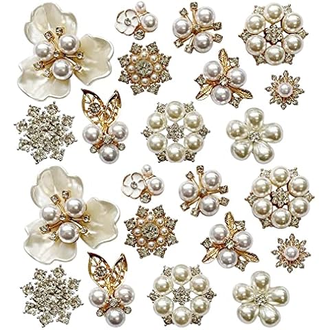 Qililandiy 22 Pieces Pearl Rhinestone Buttons Flower Faux Pearl Rhinestone Craft Assorted Alloy Floral Pendants for DIY Jewelry Making Clothes and Wedding Crafts, Gold and Silver Cover