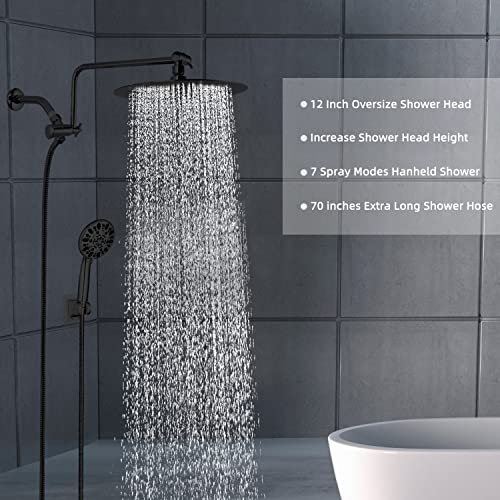 Rain Shower Head With Handheld, 12” High Pressure Rainfall Shower Head With Adjustable Extension Arm Connected To 3-Way Diverter, 7 Settings Handheld Shower Head Combo, 71” Hose, Matte Black #TOP5