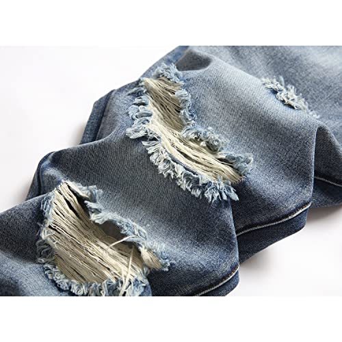 Men's Jeans Ripped Blue Pants Distressed Regular Fit Tapered Leg Classic Denim Fashion Jeans Destroyed With Hole（D3002-34） #TOP4