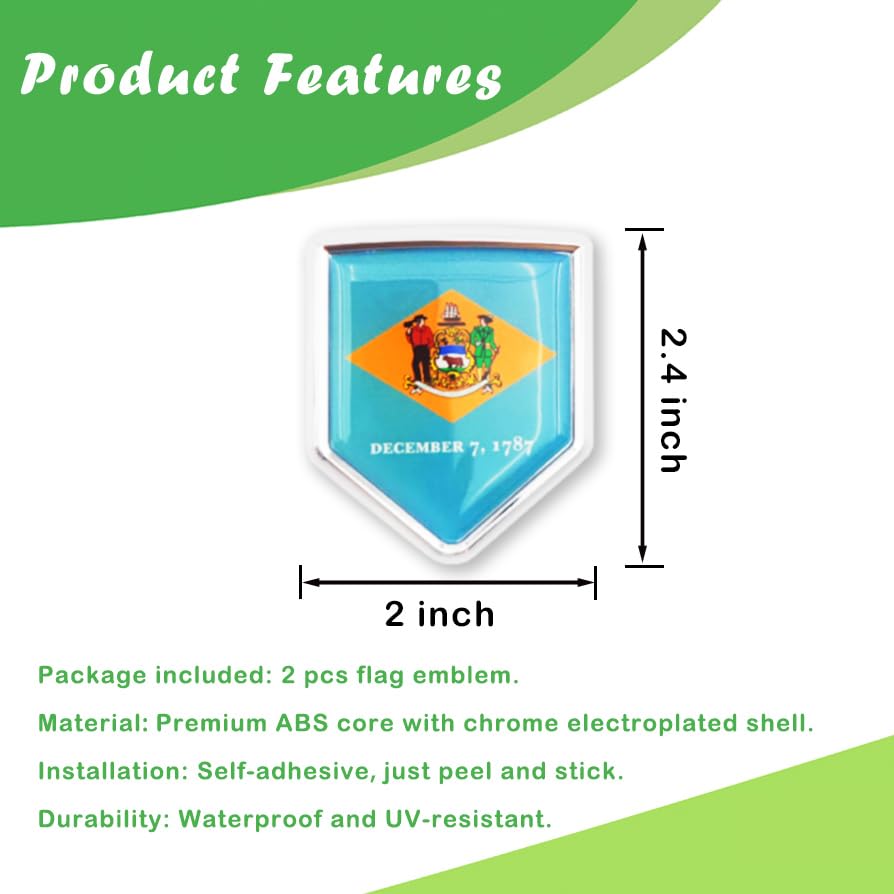 Image of Newperlite Delaware Flag Decal Sticker Car Emblem Delaware Flag Car Decoration Accessories Chrome Shield for Truck Vehicles Cars, 2 Pack