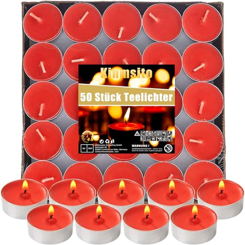 Kinmsito 50 Stück Teelichter,Runde Romantische Rote Kerzen,Brenndauer...