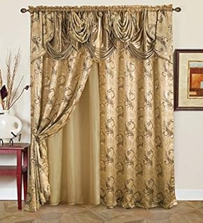 Golden Rugs Jacquard Luxury Curtain Window Panel Set Curtain with Attached Valance and Backing Bedroom Living Room Dining 112"X84" Each Jana Collection (Beige)