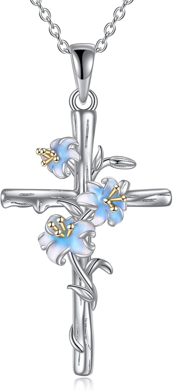 LUHE Women Cross Necklace Sterling Silver Birth Flower Pendant Necklace Religious Cross Jewelry Gifts for Women Girls