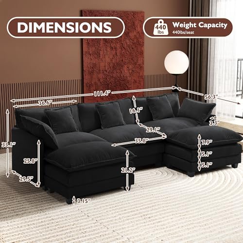 Image of Ihanherry U-Shaped Modern Sofa 111.4 inch Modular Sectional Cloud Couch with 2 Ottoman, 5-Seat Chenille Deep Seat Sofa with 5 Pillows for Living Room, Black