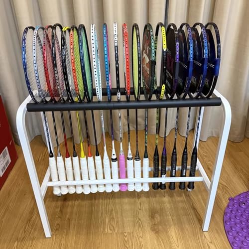 Estante de almacenamiento para raquetas de tenis, marco de acero resistente para organización y exhibición de raquetas de tenis y bádminton, soporte duradero para equipos deportivos