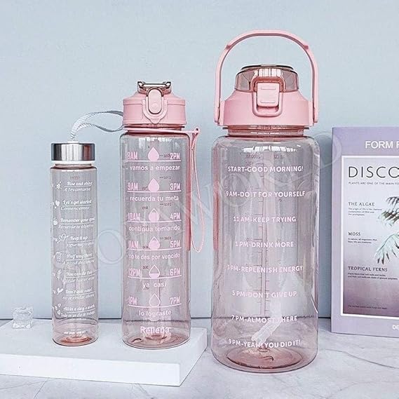 TRAMS Transparent Motivational Water Bottles | Time Marker Leak Proof&Break-Proof | Best Usage For Office/School/Gym/Travel | Bpa-Free Fitness Sports 3 Different Size Bottle - PINKcolor (3pcs)-image-25