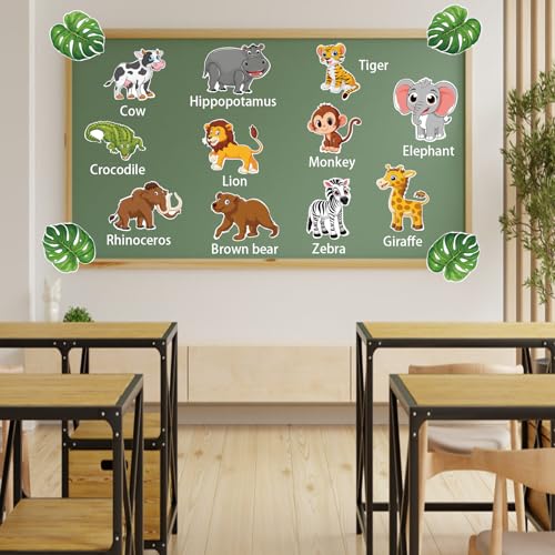 Image of 48Pcs Jungle Animal Cutouts Classroom Decor, Cute Safari Animals Cutouts Safari Party Decorations Animals Cardboard Paper Cutout for Theme Baby Shower Birthday Party Decor