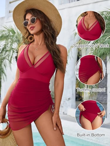 Image of Blooming Jelly Women One Piece Swim Dress Tummy Control Swimsuits Slimming Mesh Sheer Sarong Wraps Bathing Suit