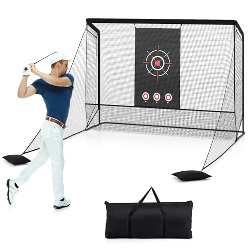 GYMAX Golf Netz 305 x 326 x 225 cm Golf-Übungsnetz mit Ziel-Tuch Seitennetzen Bodennetz Tragetasche & Sandsäcken Trainingsnetz für Garten Zuhause & Garage (305 x 326 x 225 cm)