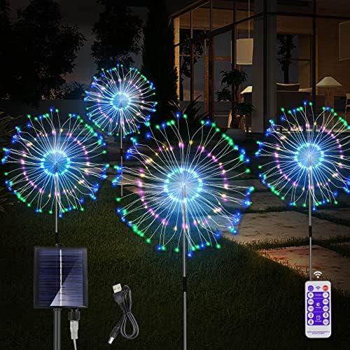 Solar Garden Lights Solar Firework Lights 4 Pack 480 LEDs with 8 Modes Solar Outdoor Lights Waterproof DIY Landscape Lights with 2 Charging methods for Garden Patio Pathway Party Decorative (Colorful)