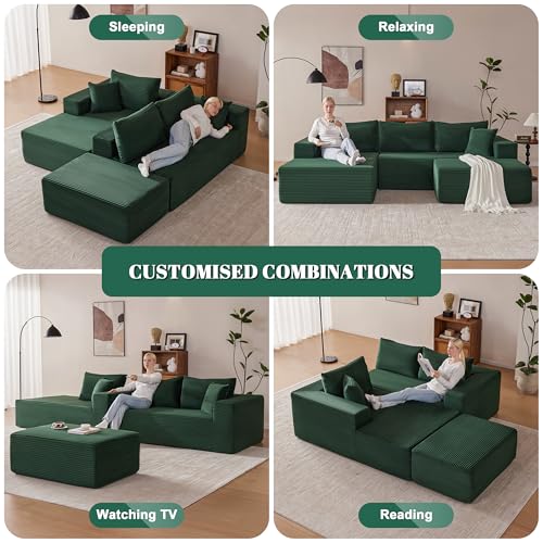 Image of Mangodan 110 inch Cloud Sectional Couch, Modular Sectional Sofa with Deep Seat, Boneless Sofa for Living Room, Fluffy Comfy U-Shaped Couch with Left Facing Chaise, No Assembly Required, Green