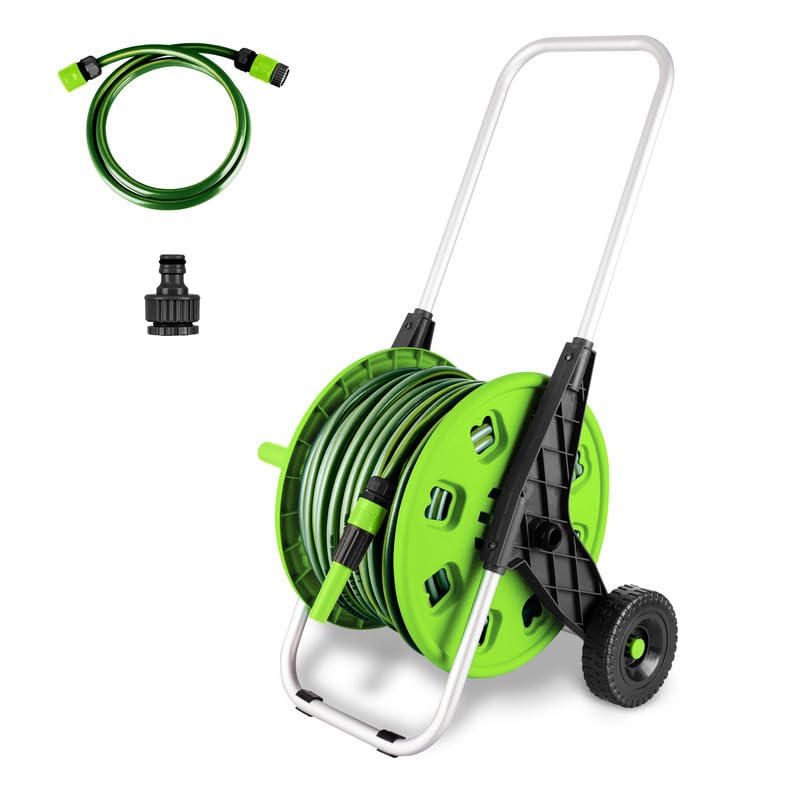 50M Garden Hose Trolley with Hosepipe |48.5m Water Pipe + 1.5m Leader Hose | Spray Gun | Rewind Handle | Tap Connectors | Wheels | Freestanding | Car Pressure Washer Compatible