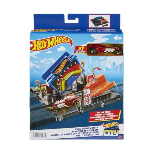Image of Hot Wheels City Gas Station Playset with 1 Car, Connects to Other Sets, Car-Activated Features, Track Play Details, Gift for Kids