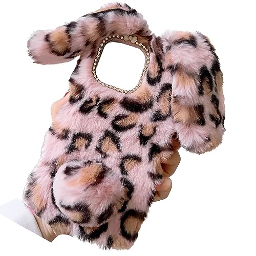 Rnrieyta Miagon Cover Custodia per iPhone 15,Leopardo Morbido Inverno Caldo Divertente Coniglio Orecchie Faux Pelliccia Soffice Capelli Caso Coperture
