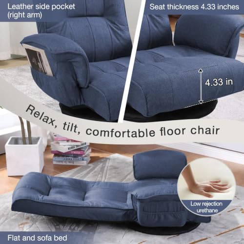 Image of Ergonomic Swivel Floor Gaming Chair with Armrests & Side Pockets, 6-Position Reclining Sofa Bed, Foldable Padded Lounger with Thick Cushion & Lumbar Support for Esports, Reading, TV Watching, Blue